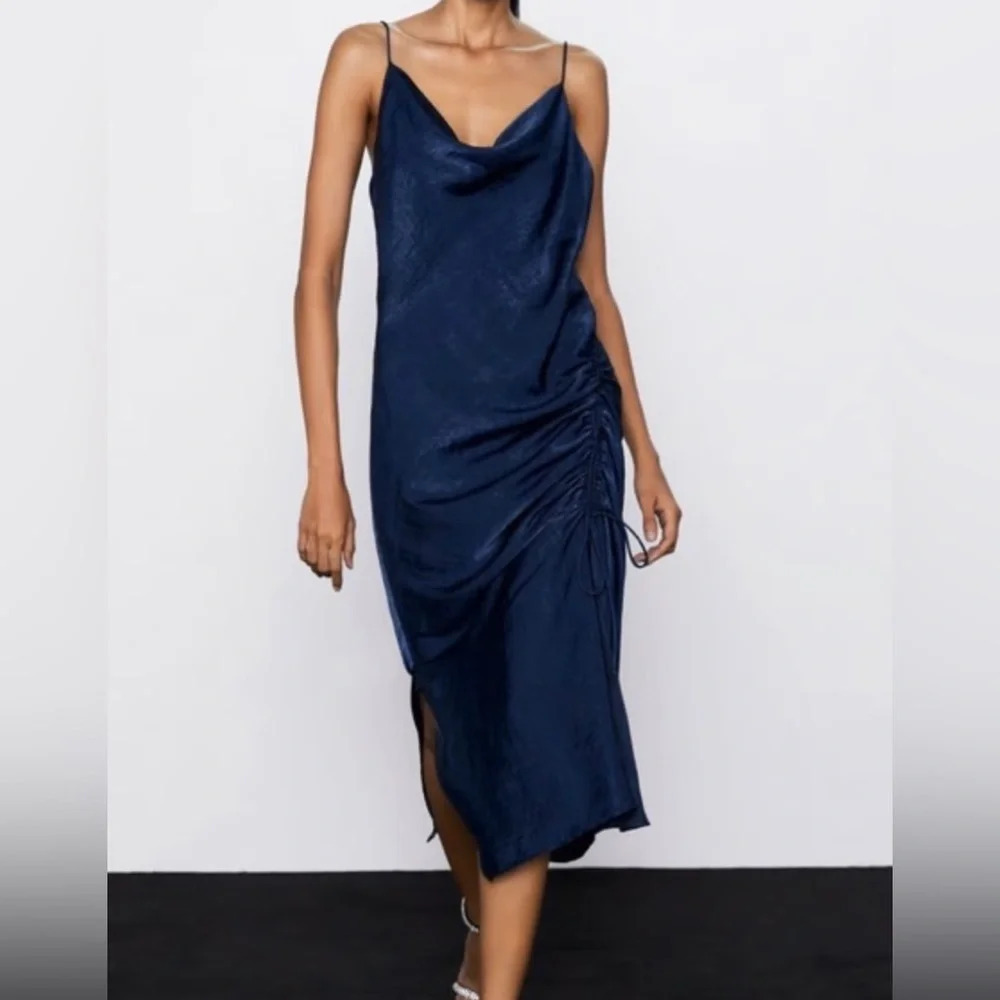 Zara Dress Cowl Neck Draped Slip Navy Blue Midi Strappy Chic Asymmetric Size Xs